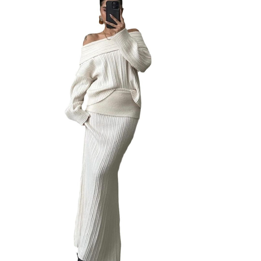 European And American Style Off-shoulder Slimming Loose Solid Color Knitted Sweater Two-piece Suit Long Sleeve