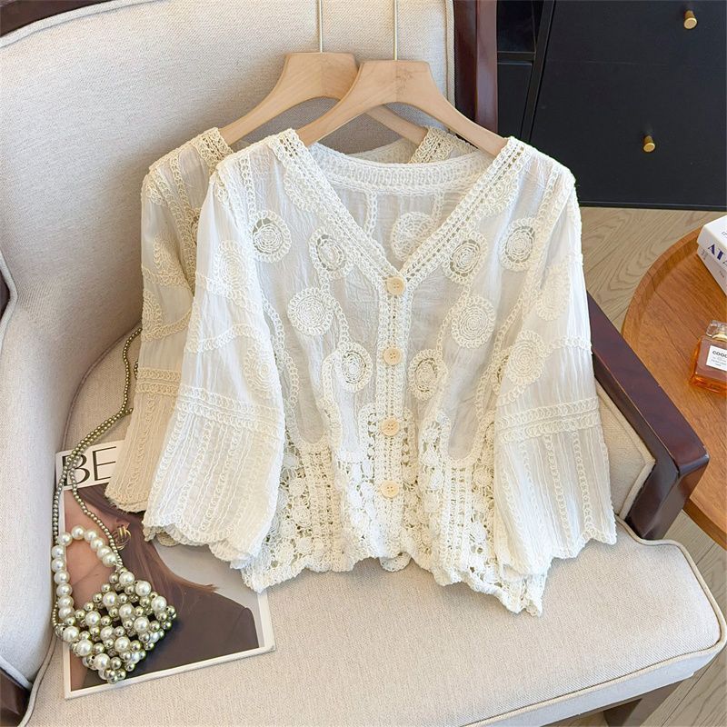 French Crochet Hollowed-out V-neck Lace Sweater