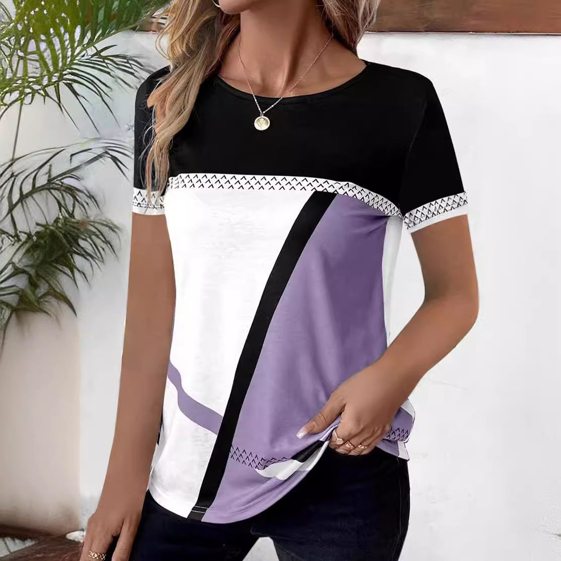 Women's Multi-color Digital Multicolor Printing Geometric Printed Short-sleeved T-shirt