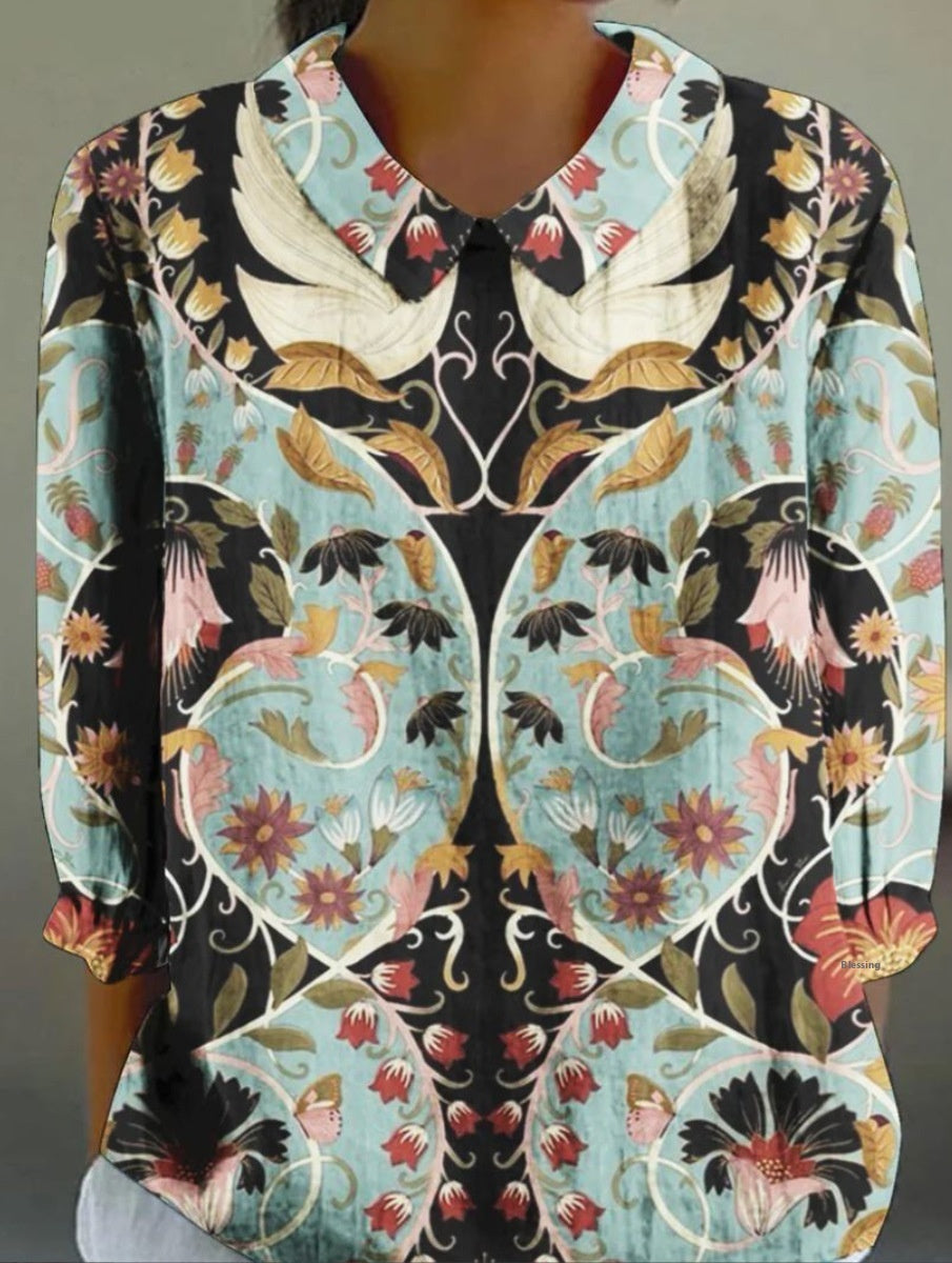 Women's Flower Digital Printed 34 Sleeves Shirt Top T-shirt Batch