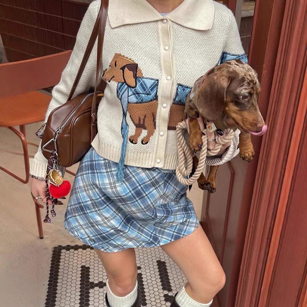 Women's Cute Short Lapels Puppy Sweater