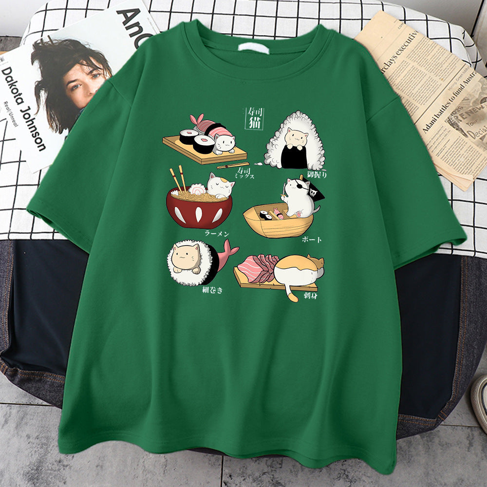 H Cute Cat Sushi Cartoon Style Mens Cotton Short Sleeve