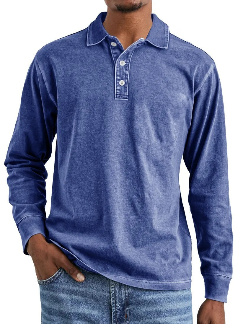 Retro Washed Distressed Cotton Lapel Long Sleeve Polo Shirt