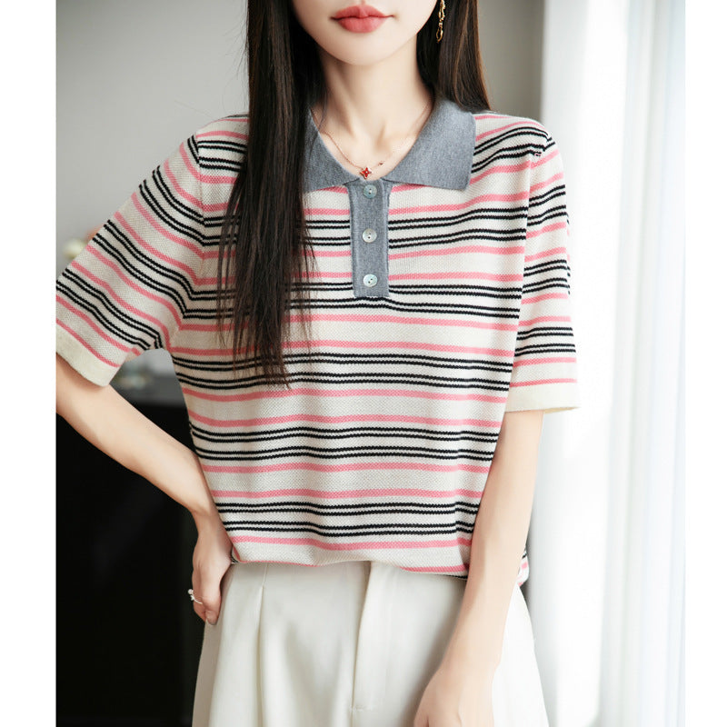 Worsted Wool Lapel Knitwear Short Sleeve