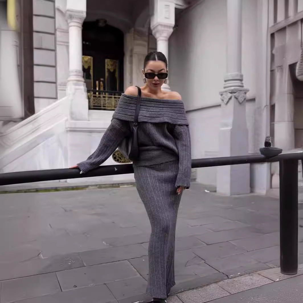 European And American Style Off-shoulder Slimming Loose Solid Color Knitted Sweater Two-piece Suit Long Sleeve