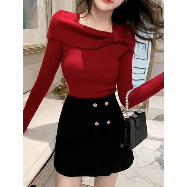Women's Diagonal Collar Long-sleeved Sweater