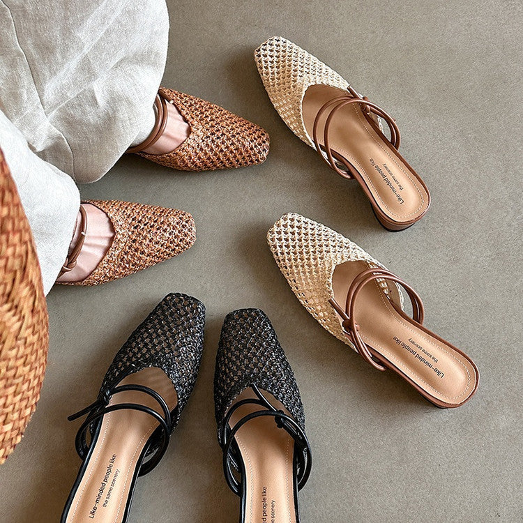 Women's French Style Square Toe Outdoor Hollow-out Breathable Retro Thick Heel Toe Box Half Slippers