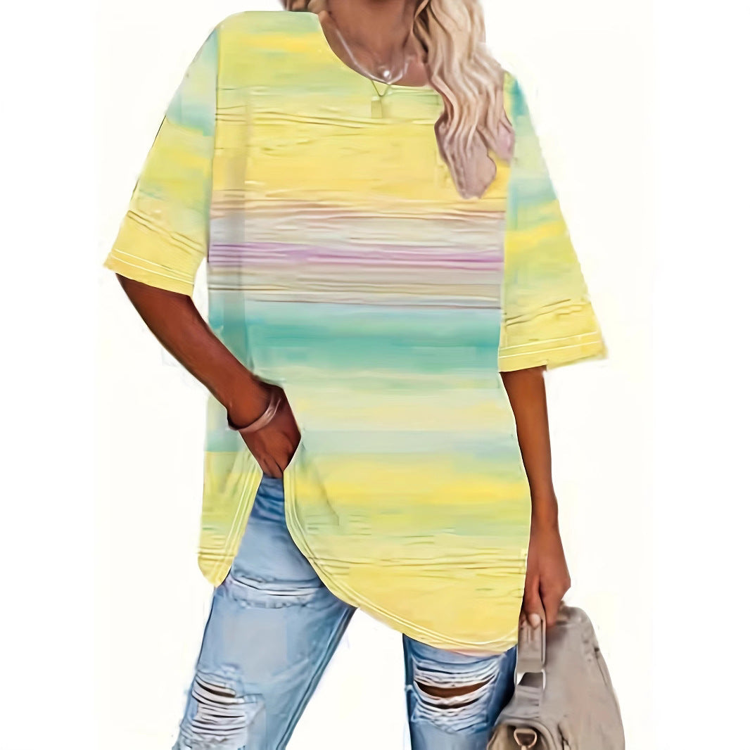 Round Neck Short Sleeve Gradient Print Loose Short Sleeve