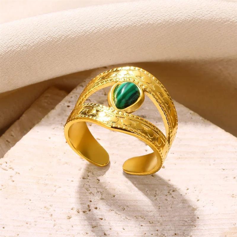 Stainless Steel Green Natural Stone Ring For Women Vintage