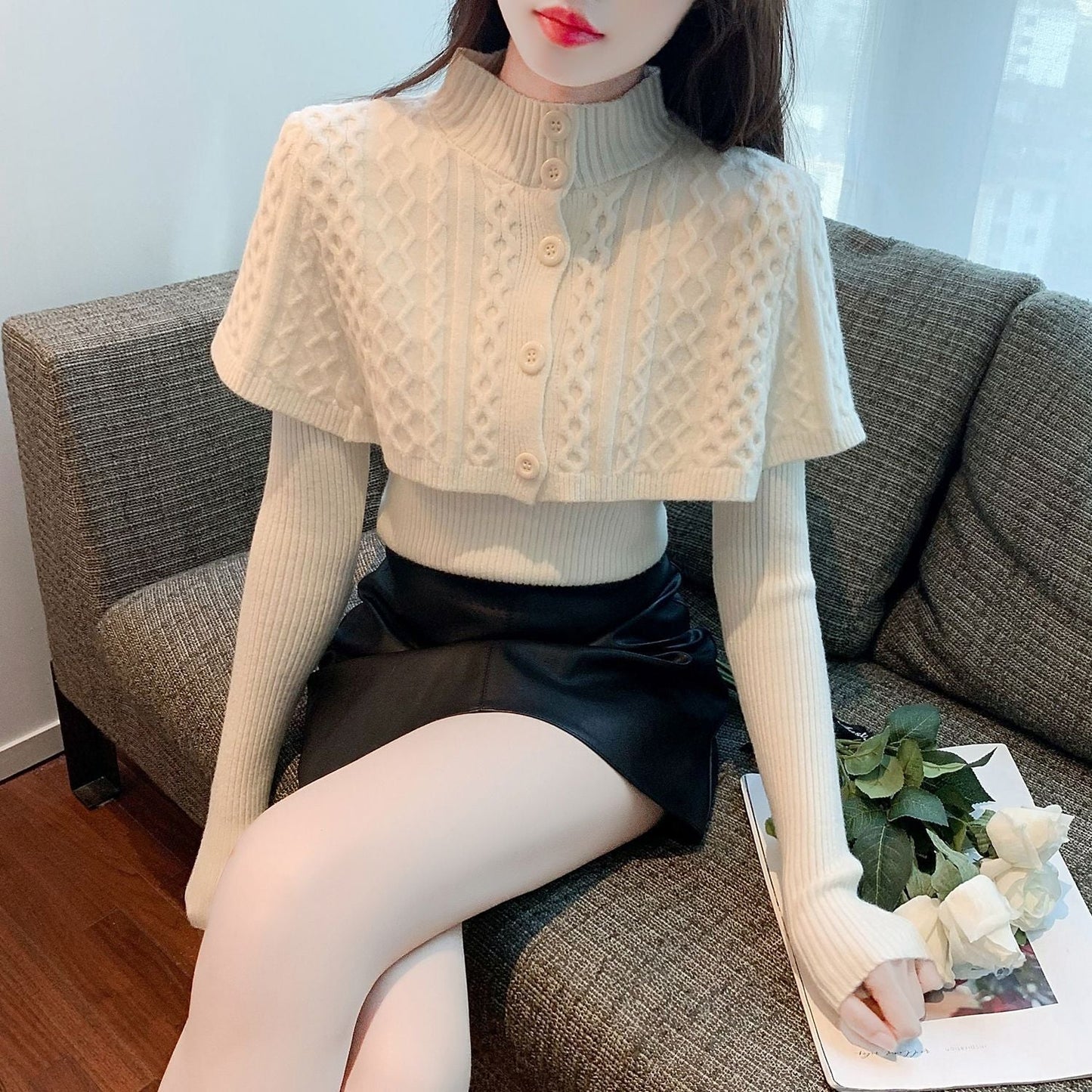 Women's Half Turtleneck Western Style Cable-knit Sweater Top