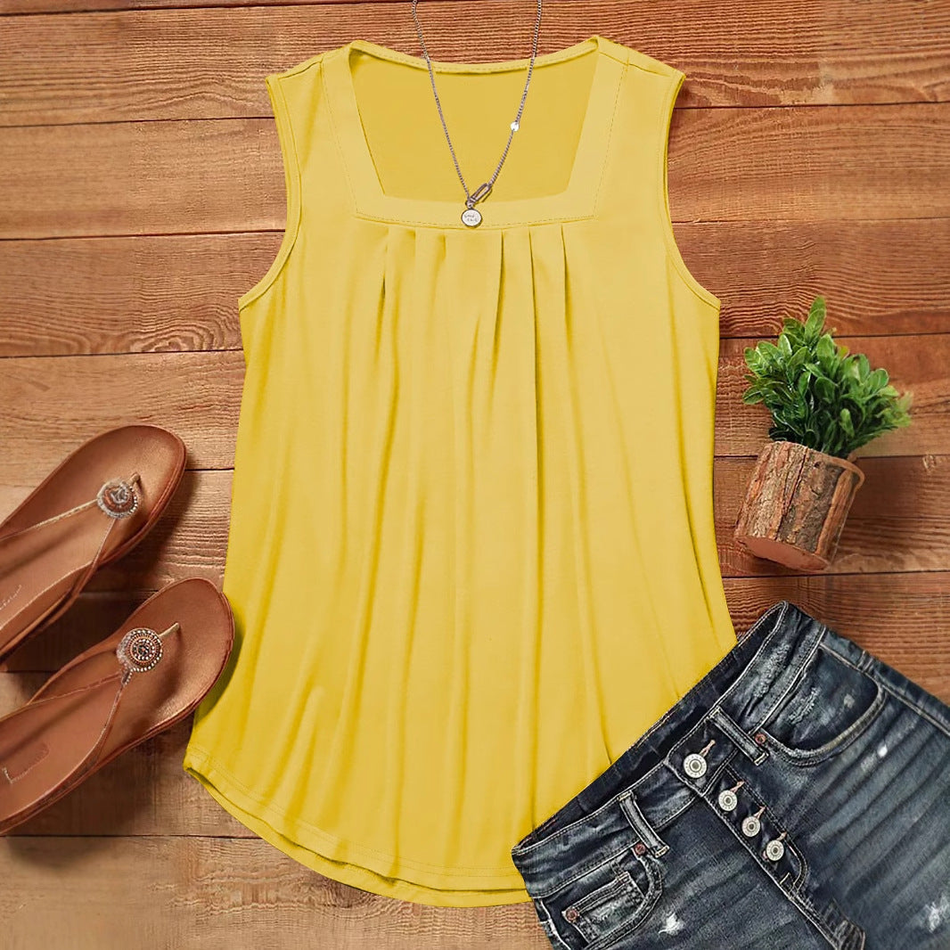 Women's Summer Pleated Square Collar Halter Loose Casual Print Sleeveless Vest
