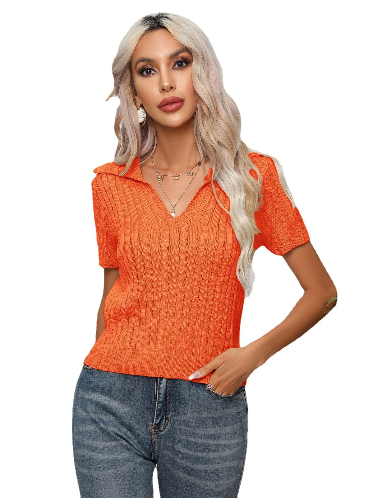 Women's Twist Lapel Short-sleeved Sweater