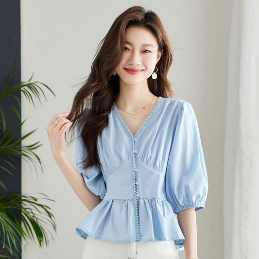 Short-sleeved Shirt Women's Summer Top Niche V-neck