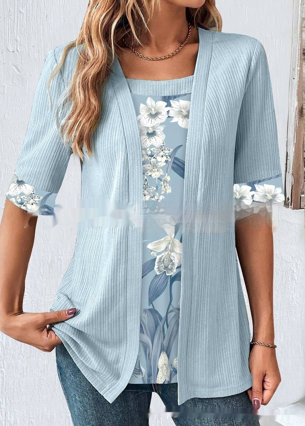 Women's Fake Two Pieces Short Sleeve Printed Top T-shirt