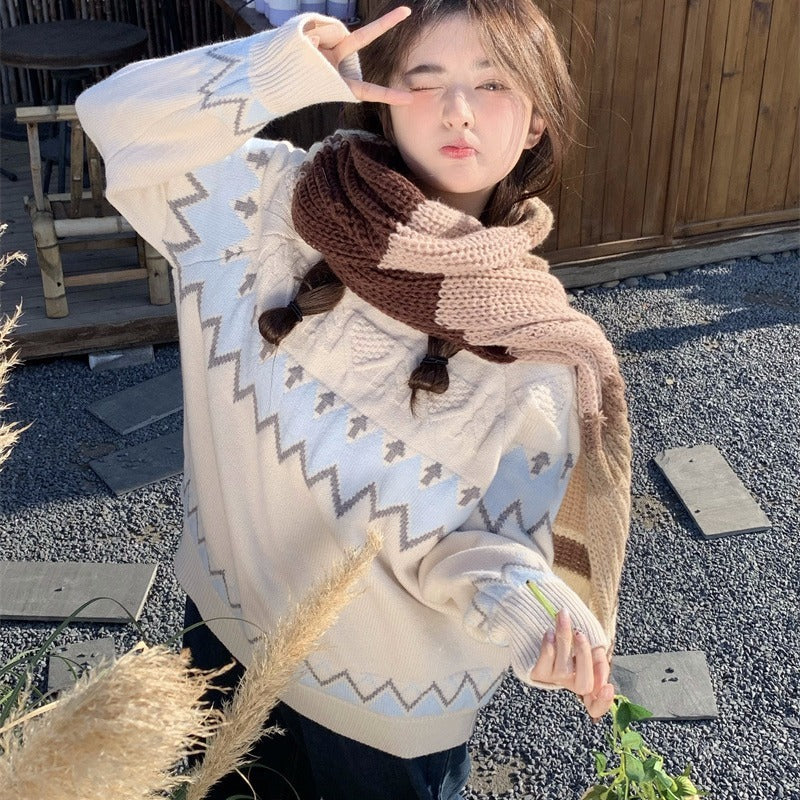 Loose Korean Style Rhombus Knitted Top