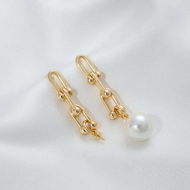 14K Copper Bag Real Gold Color U-shaped Chain Hanging Sheep Eye Bead Cushion Stud Earrings 925 Silver Needle DIY