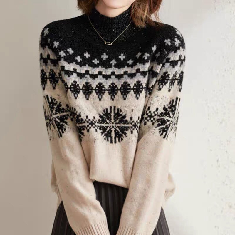 Autumn And Winter Spring New Half Turtleneck Knitted Snowflake Retro Loose Sweater
