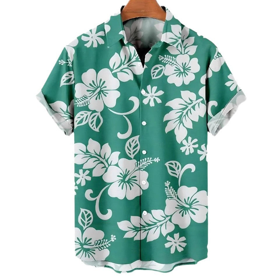 European And American Hawaiian Casual Floral Print Men's Lapel Shirt Short Sleeve