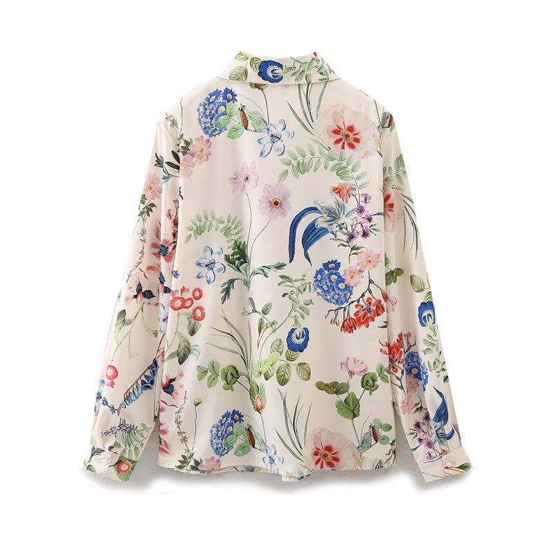 Women's Fashion Casual Hipster Floral Printed Satin Shirt