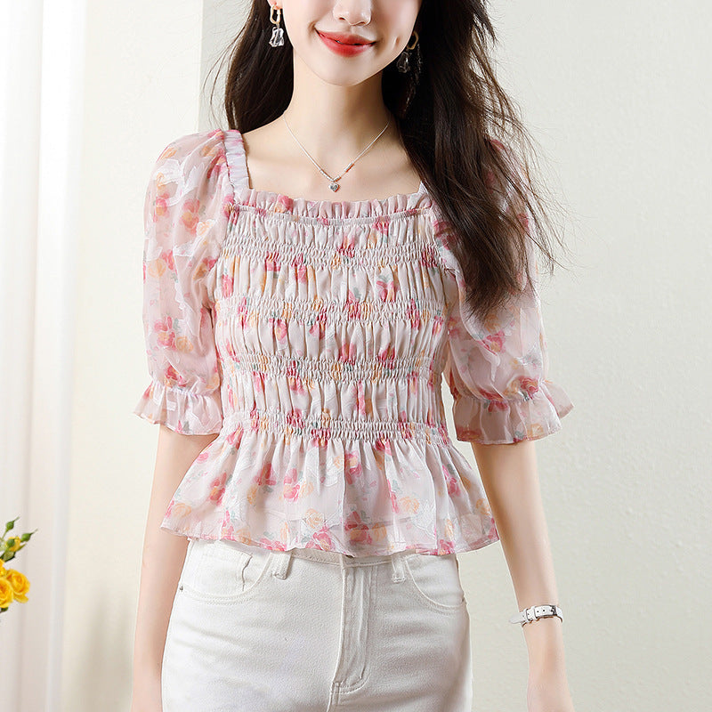 Women's French-style Square Collar Floral Shirt