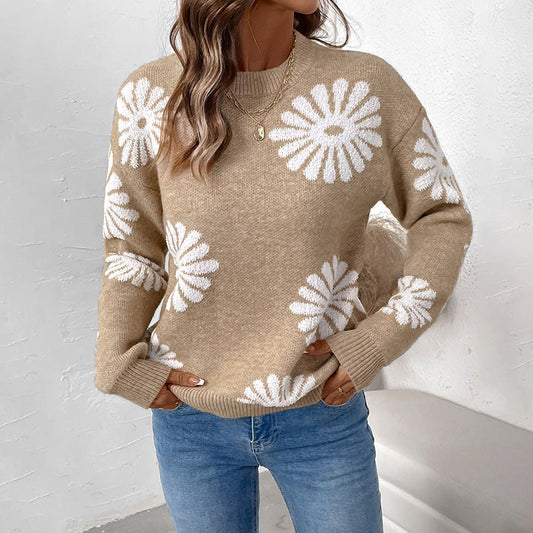 Women's Long Sleeve Round Neck Flower Sweater Loose