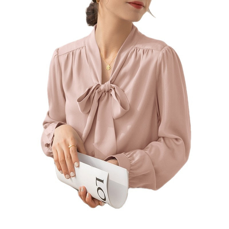 French Temperament Ribbon Bowknot Solid Color Business Shirt