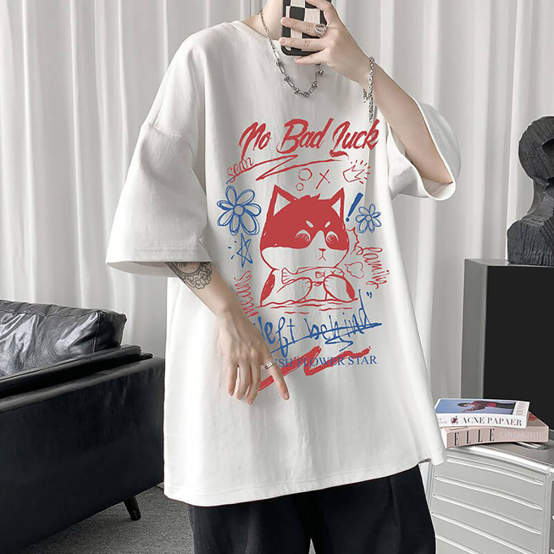 White Half Sleeve Cute Cat T-shirt Top
