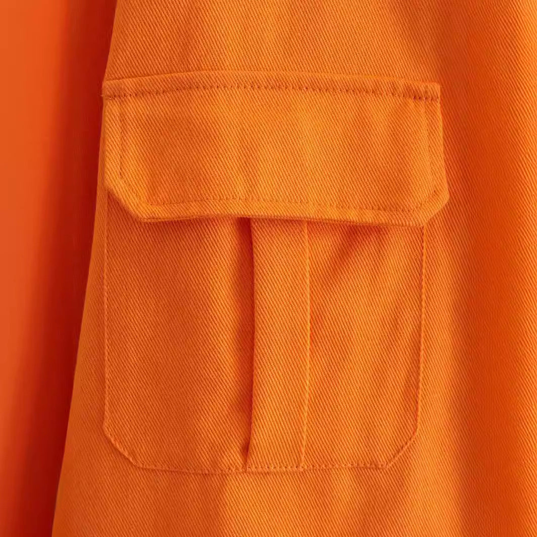 Oversized Loose Orange Imitation Denim Single-breasted Large Pocket Long Sleeve Women's Shirt