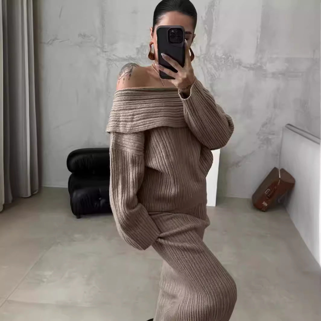 European And American Style Off-shoulder Slimming Loose Solid Color Knitted Sweater Two-piece Suit Long Sleeve
