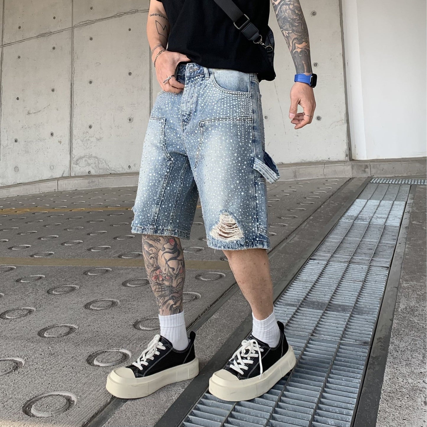 Men's Gradient Full Diamond Denim Shorts