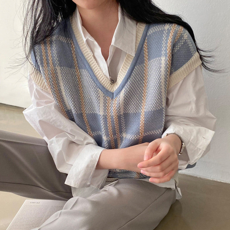 Autumn And Winter Plus Size Plaid Knitted Vest Sweater