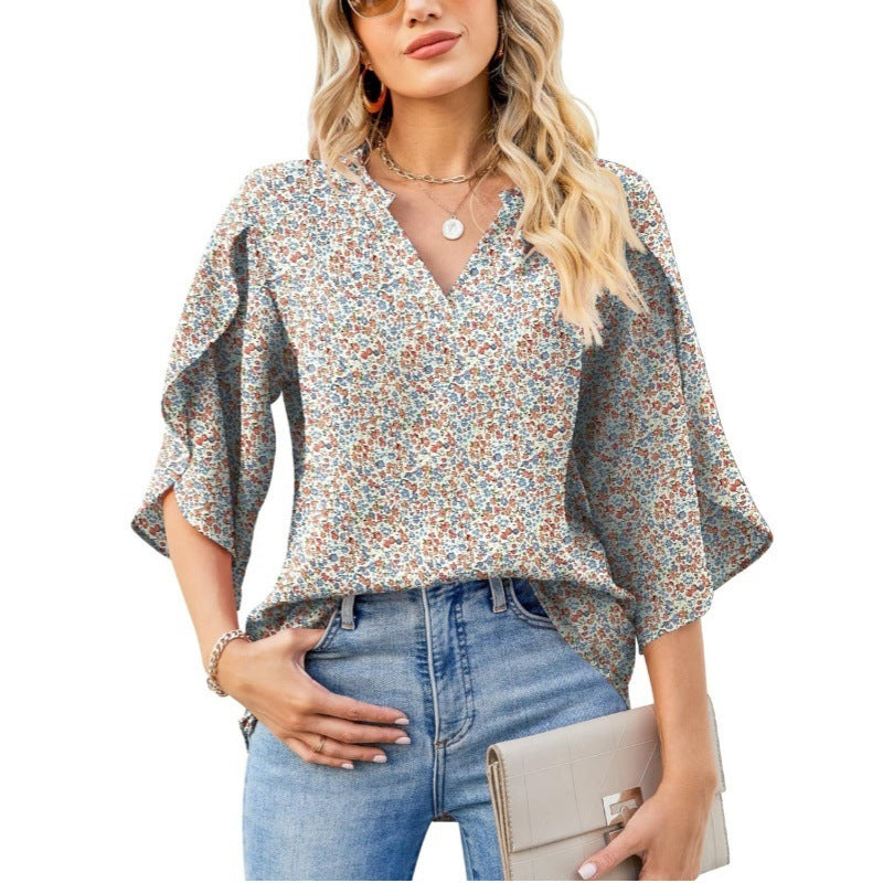 Summer And Autumn New Women's Top Loose V-neck Petal Sleeve Chiffon Printed Women's Shirt