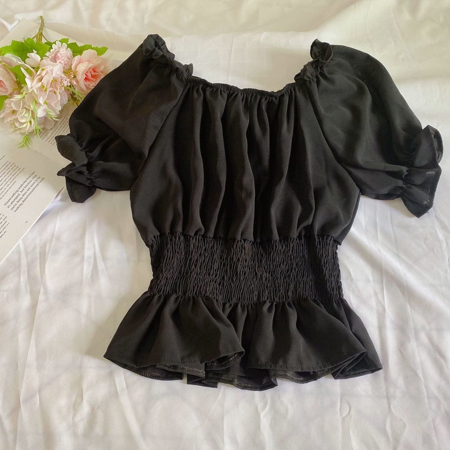 Women's Chiffon Shirt Off-shoulder Shoulder-baring Spring And Autumn Korean Style Waist-controlled Top