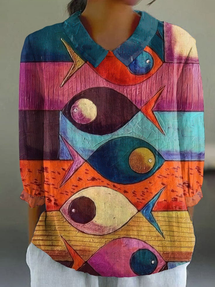 Women's Flower Digital Printed 34 Sleeves Shirt Top T-shirt Batch