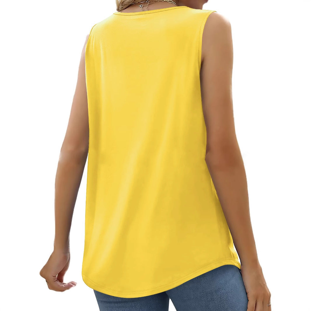 Women's Summer Pleated Square Collar Halter Loose Casual Print Sleeveless Vest