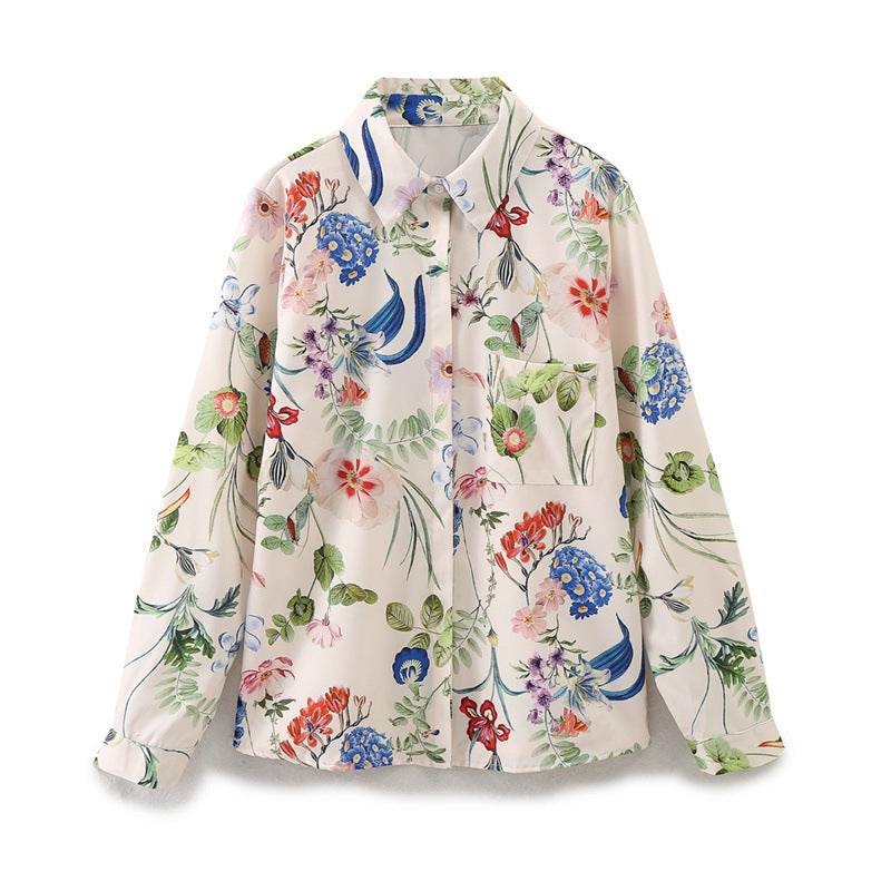 Women's Fashion Casual Hipster Floral Printed Satin Shirt