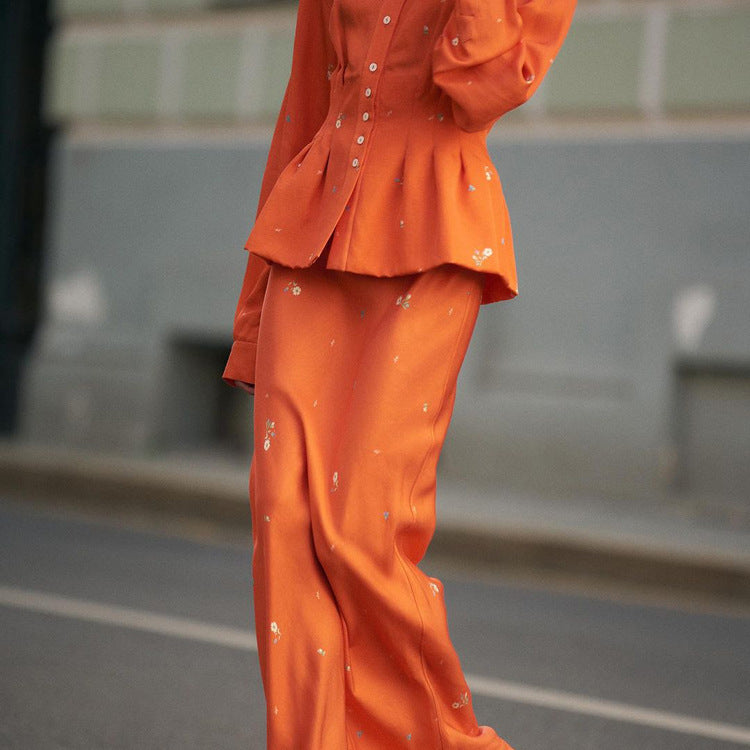 Printed Long-sleeved Shirt Fishtail Skirt Suit