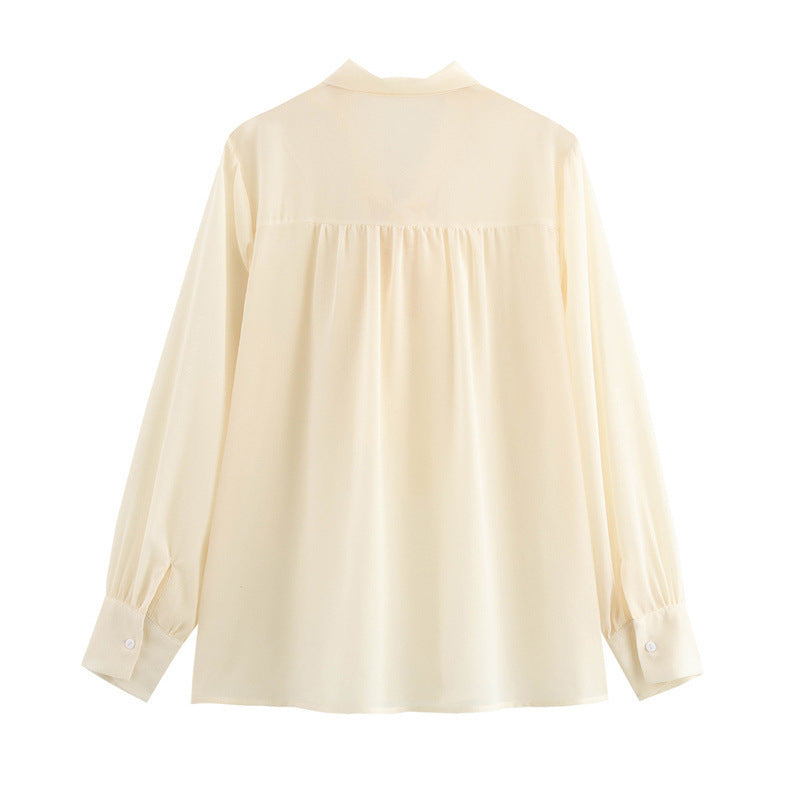 Long Sleeve Thin Top V-neck Apricot Bow Design