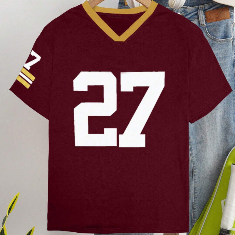 Casual Digital Printing Loose Contrast Color Short Sleeve Jersey T Shirt