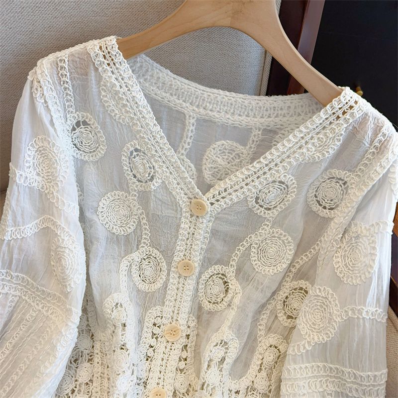 French Crochet Hollowed-out V-neck Lace Sweater