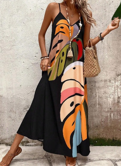 Women's Fashionable Colorful Leaf Printed Strappy Dress Maxi Women Outfit