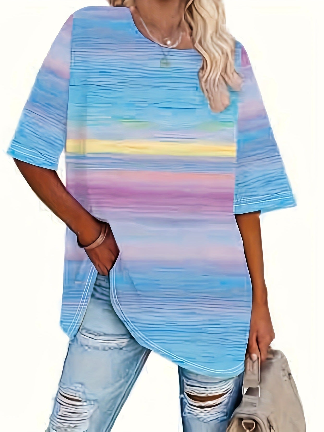 Round Neck Short Sleeve Gradient Print Loose Short Sleeve
