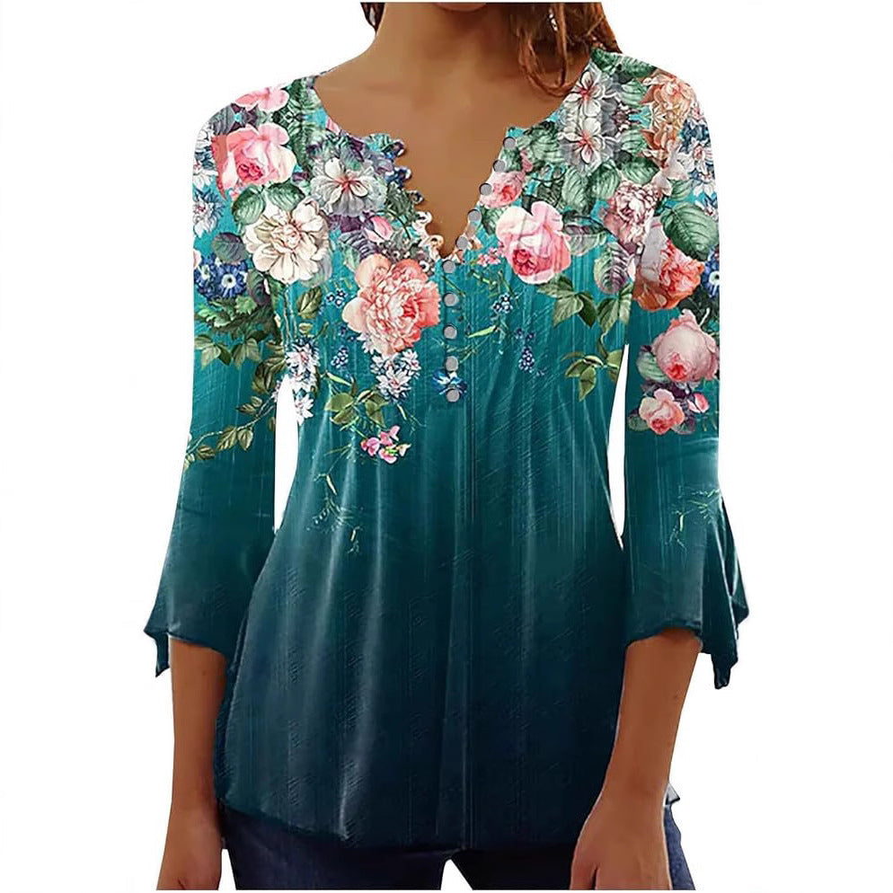 Women's Single-breasted Fashion V-neck Half-sleeve Top