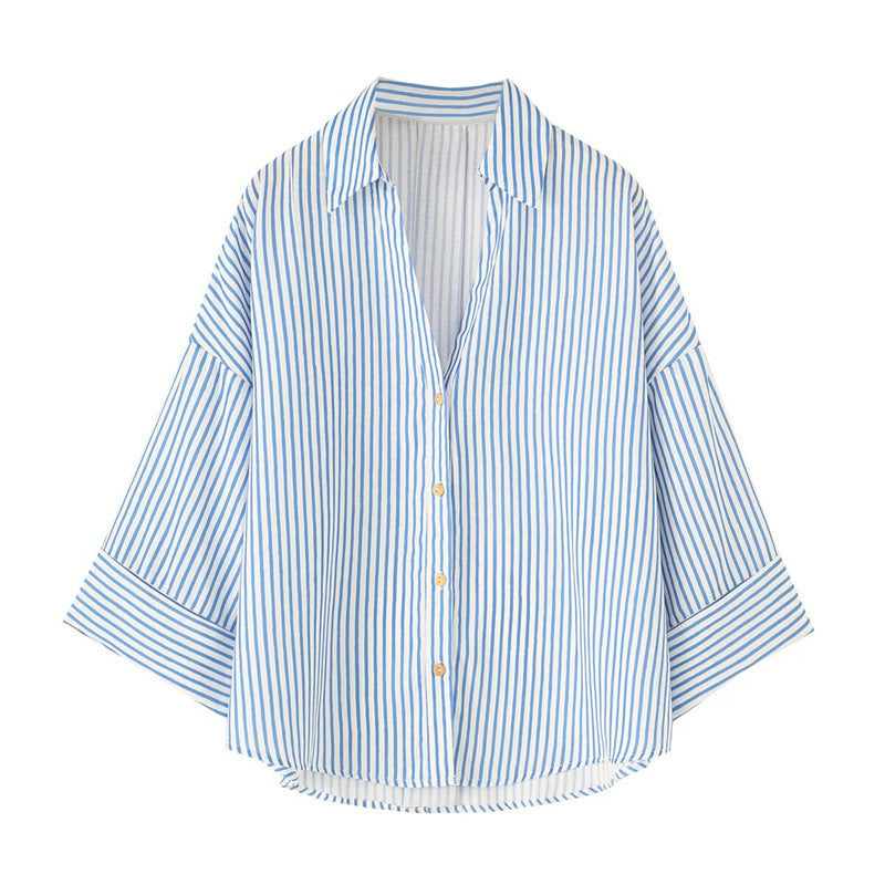 Linen Blended Wide Sleeve V-neck Temperament Shirt