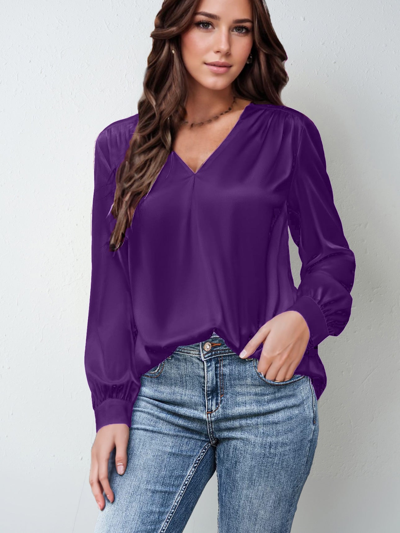 Satin Pleated Long-sleeved Top V-neck Casual Loose Shirt