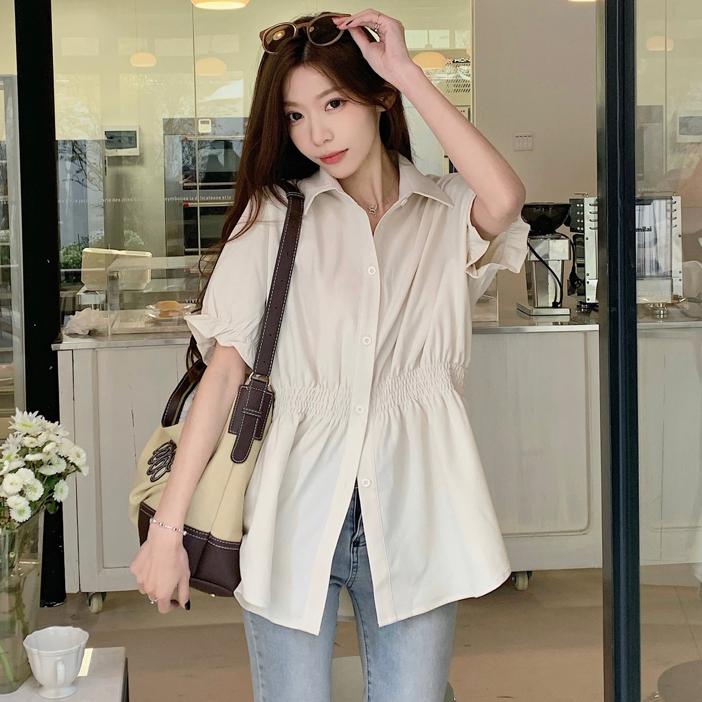 New Korean Style Fashion Waist-controlled Belly Covering Western Style Shirt Women