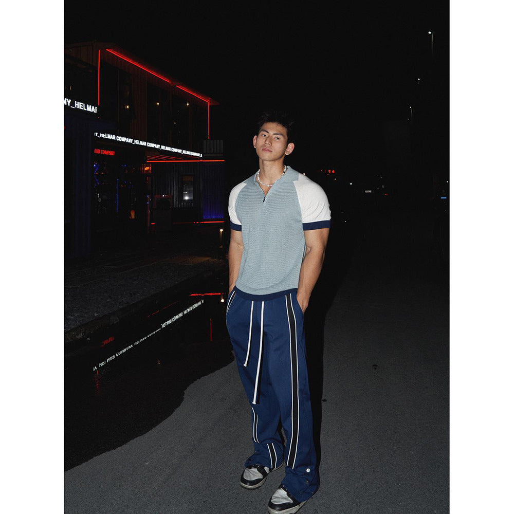 Raglan Sleeve Patchwork Knitting Lapel Short Sleeve Polo Shirt Men's T-shirt