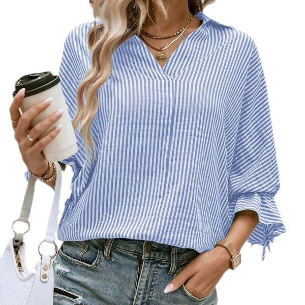 Spring And Summer Striped Flared Batwing Sleeve 34 Sleeve Back Slit V-neck Casual Shirt