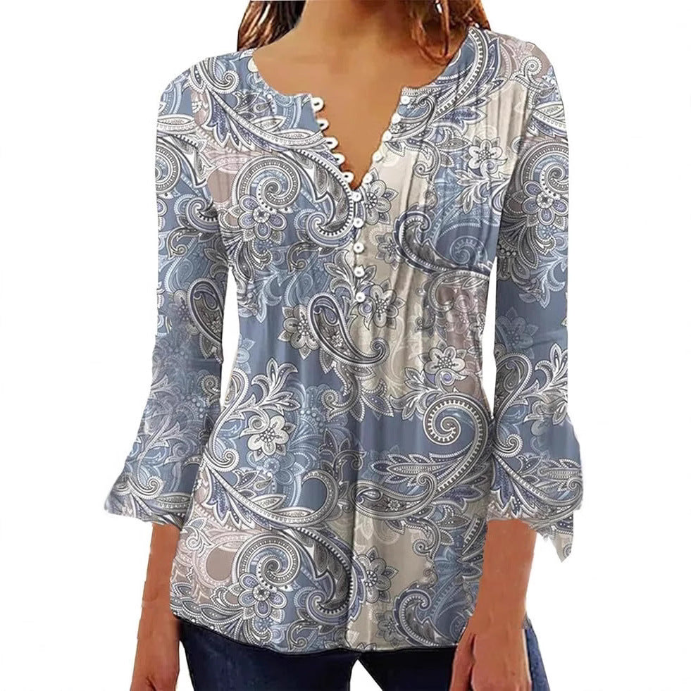 Women's Single-breasted Fashion V-neck Half-sleeve Top