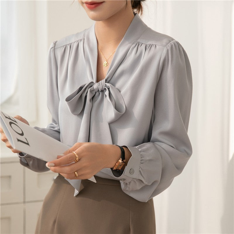 French Temperament Ribbon Bowknot Solid Color Business Shirt